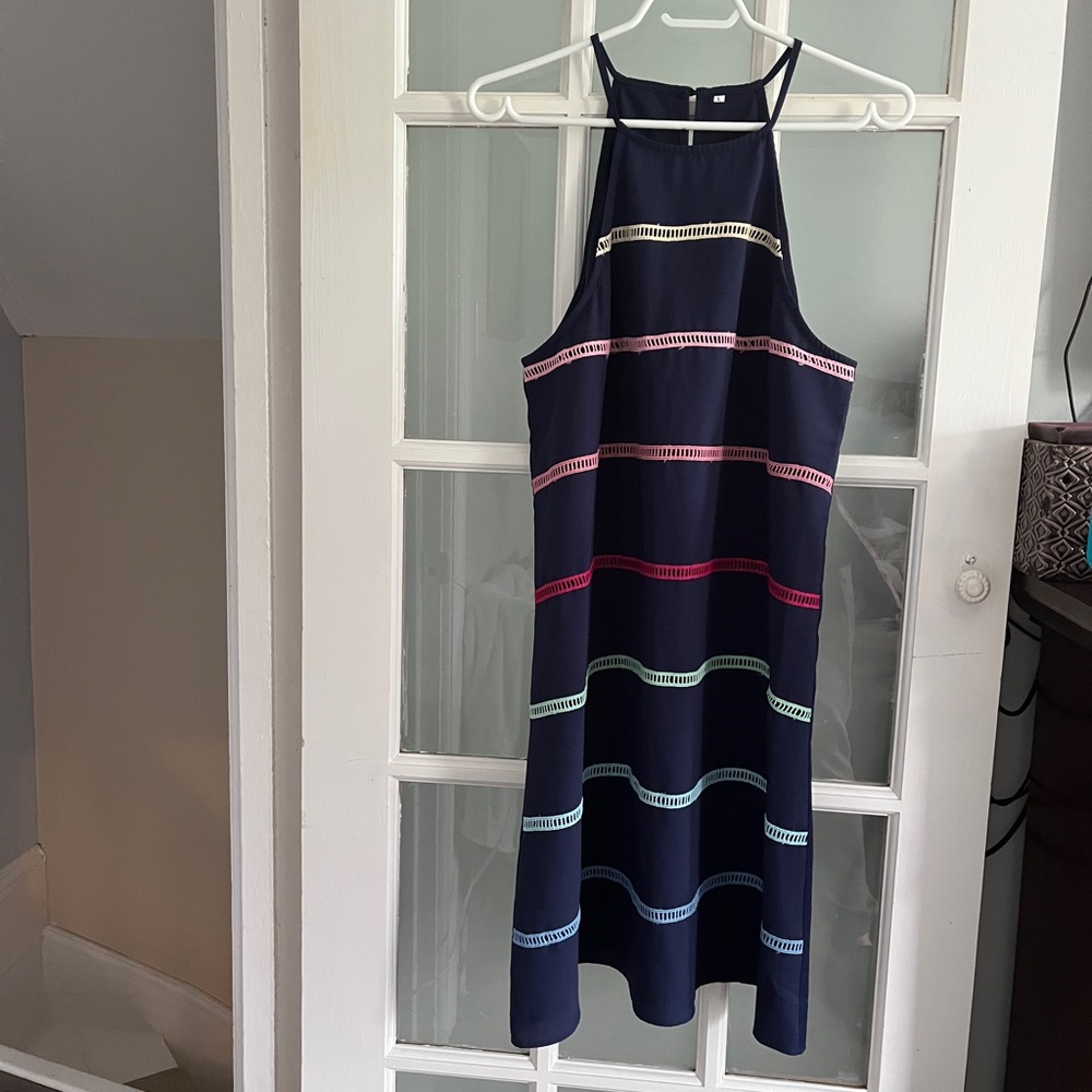 Elegant Navy Dress with Multicolor Stripes